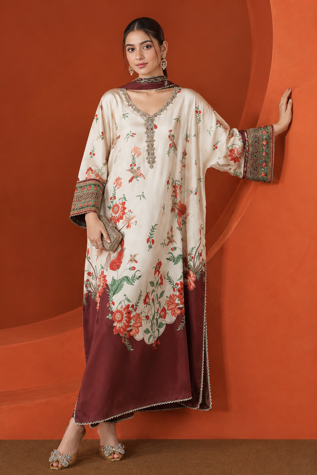 3 Piece Satin Silk Suit in Beige And Maroon