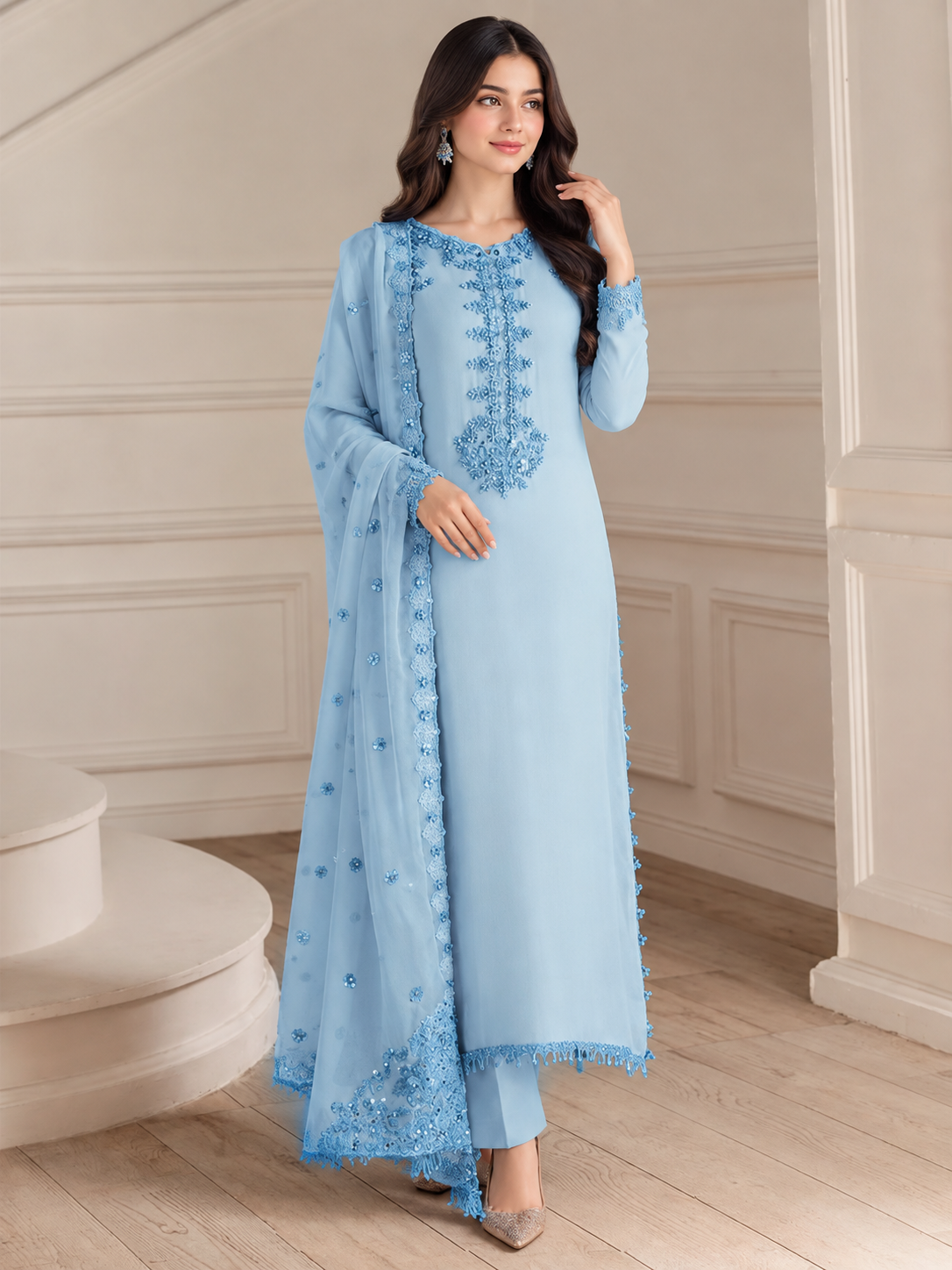 Elegant Embroidered 3-Piece Sky Blue Suit with Chiffon Dupatta