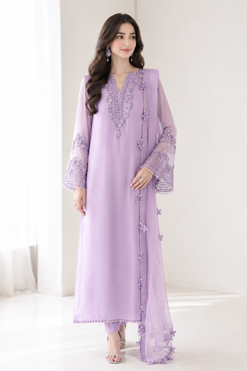 Elegant Lavender Embroidered 3-Piece Suit with Dupatta