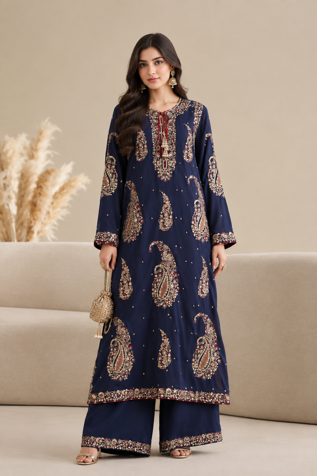 Luxury Navy Blue Embroidered 2-Piece Suit with Wide-Leg Trouser