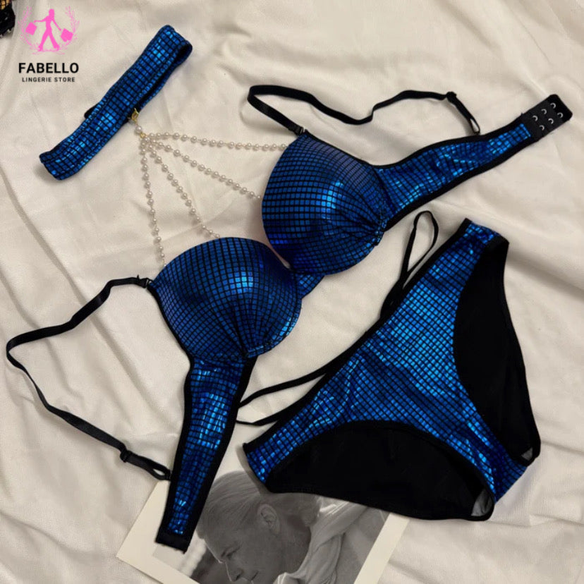 Blue Disco Beads Bra and Panty Set
