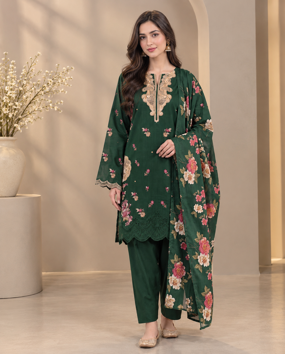 Elegant Dark Green Embroidered 3-Piece Suit with Floral Dupatta