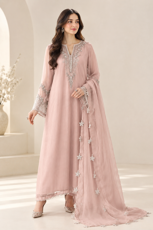 Elegant Dusty Pink Embroidered Chiffon 3-Piece Suit with Dupatta