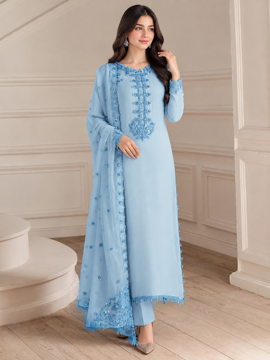 Elegant Embroidered 3-Piece Sky Blue Suit with Chiffon Dupatta
