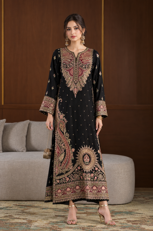 Elegant Luxury Black & Maroon Embroidered Printed Long Kurti