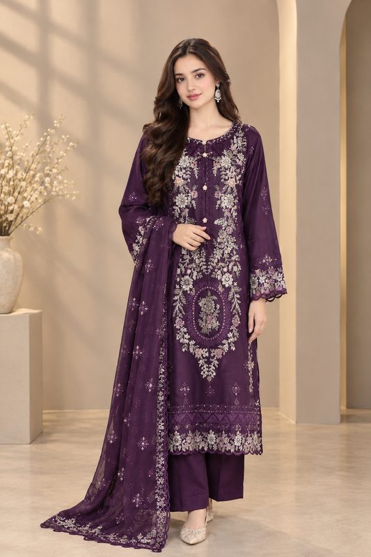 Elegant Purple Embroidered 3-Piece Suit with Dupatta
