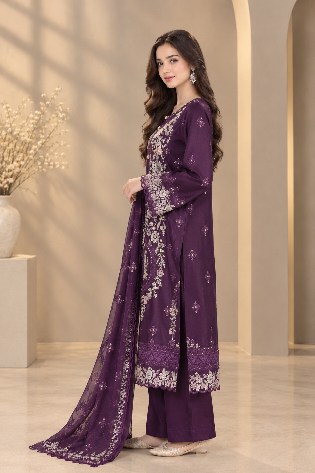 Elegant Purple Embroidered 3-Piece Suit with Dupatta