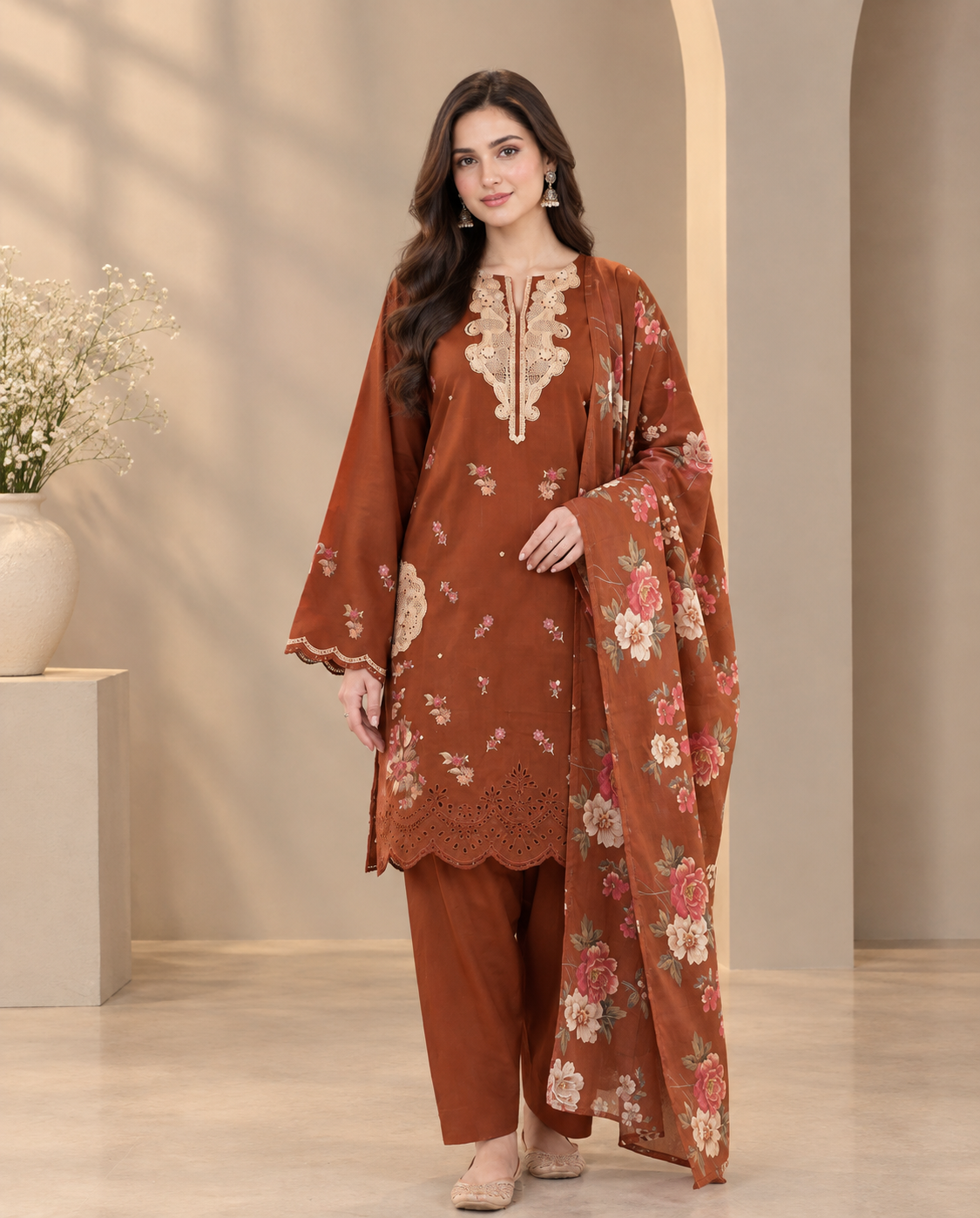 Elegant Rust Brown 3-Piece Embroidered Suit with Floral Dupatta