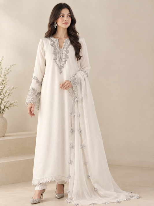 Elegant White Embroidered 3-Piece Suit with Dupatta