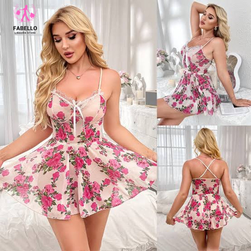Women Maroon Floral Lace Nightwear Set 4Pcs