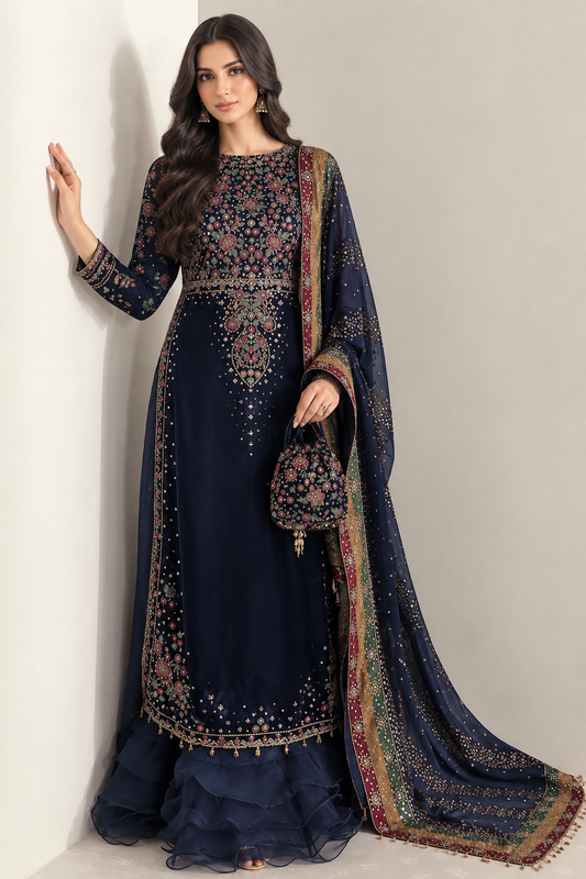 Luxury Embroidered 3-Piece Navy Blue Suit with Printed Dupatta Velvet