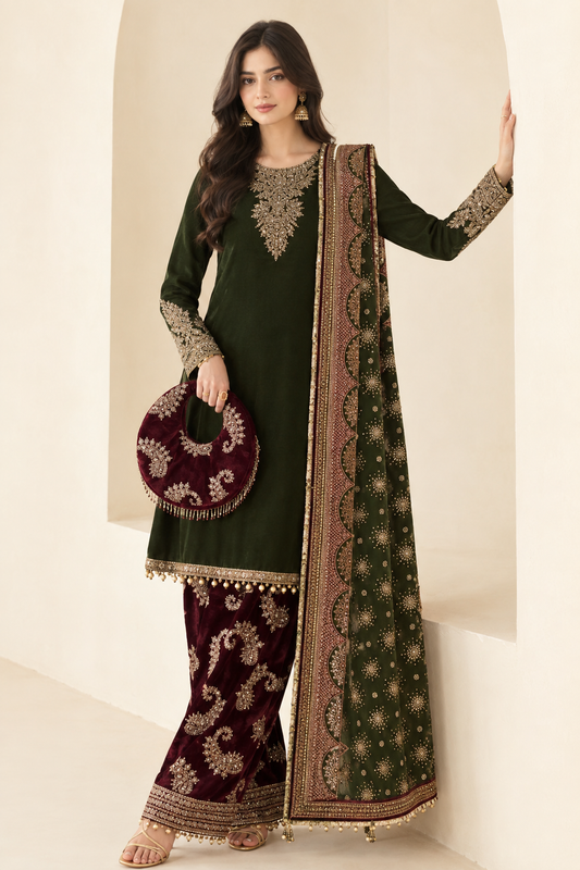 Luxury Embroidered 3-Piece Velvet Suit