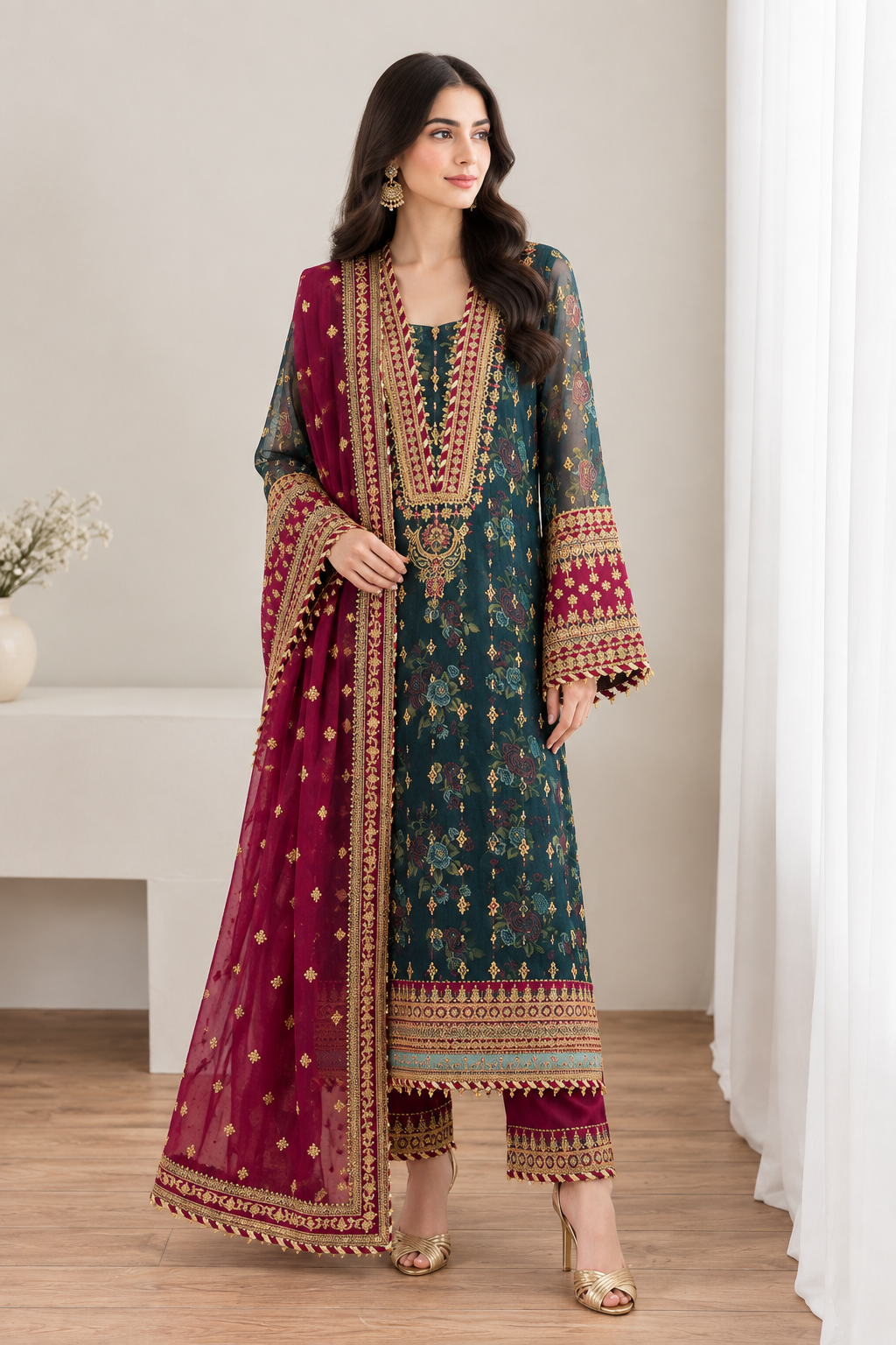 Luxury Teal Green & Maroon 3-Piece Embroidered Suit with Organza Dupatta