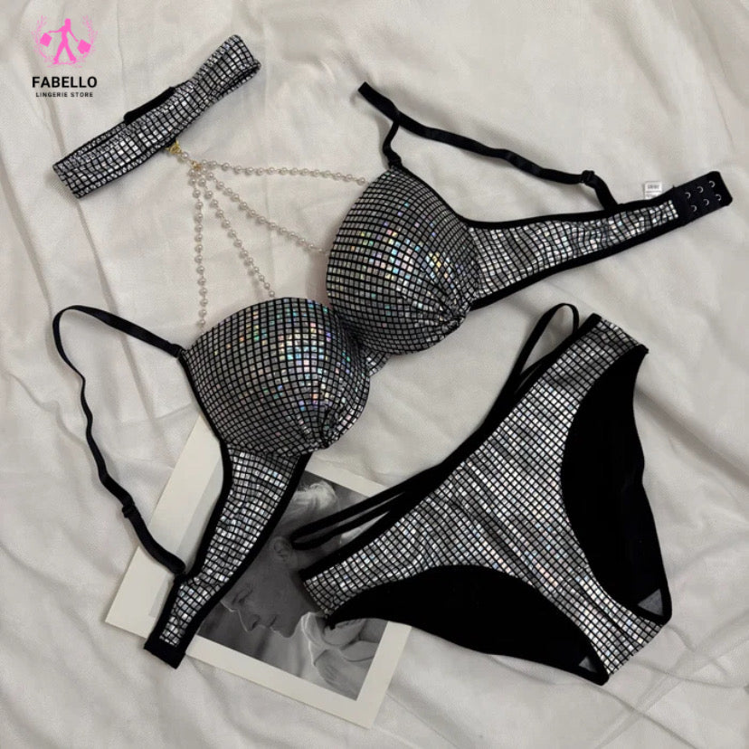 Silver Disco Sequin Lingerie Set for Women 