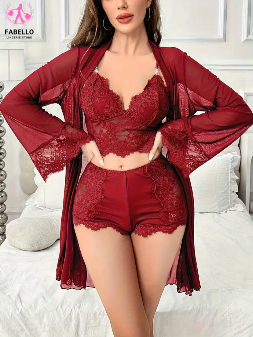 Women Maroon Floral Lace Nightwear Set 4Pcs