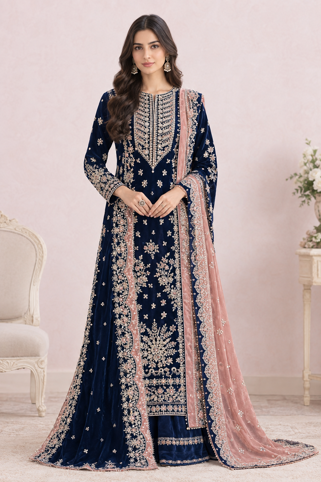 Women’s Navy Blue Embroidered Velvet Suit with Pink Chiffon Dupatta